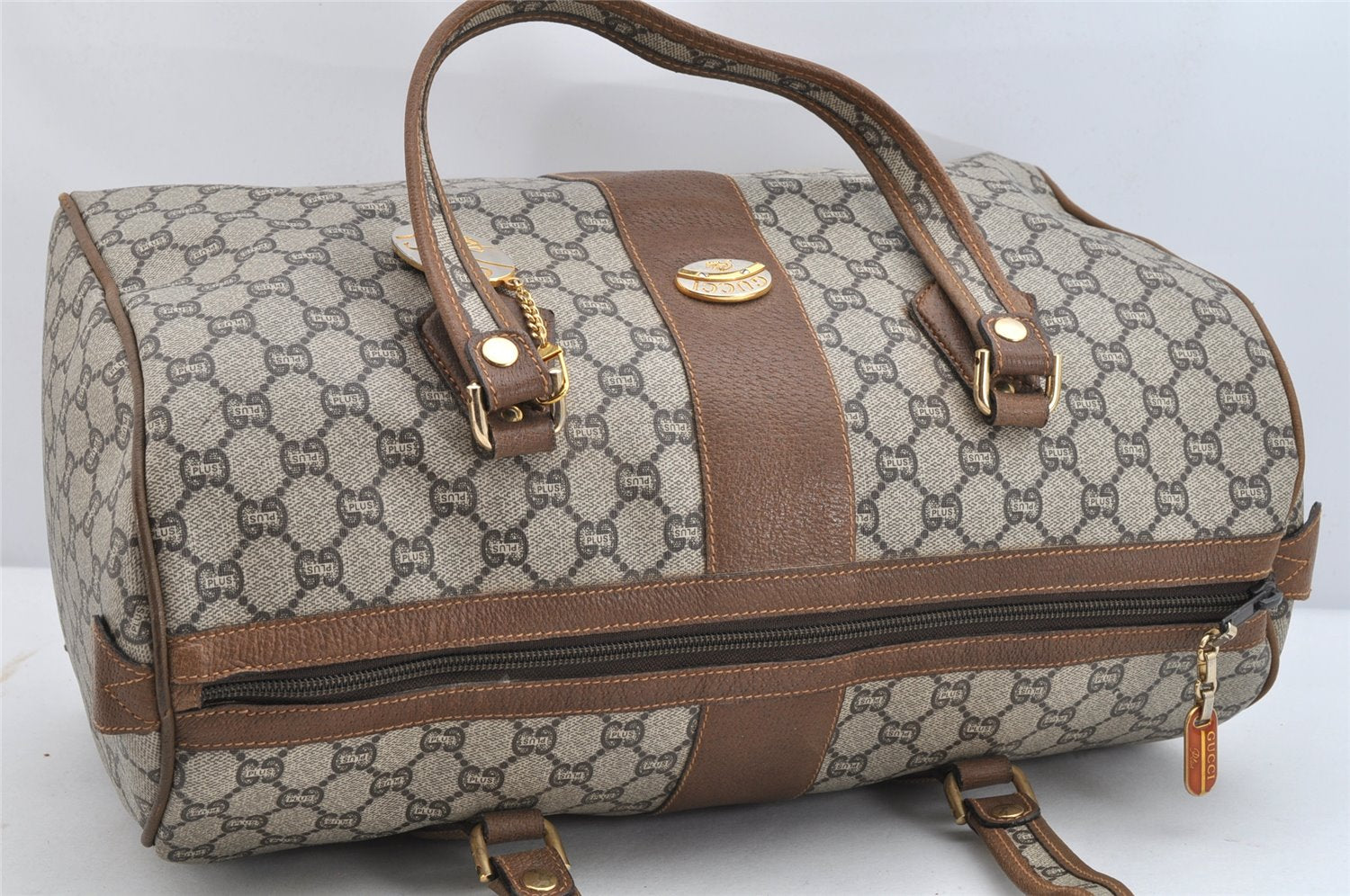 Authentic GUCCI Vintage GG Plus Hand Boston Bag GG PVC Leather Brown Junk 1399K