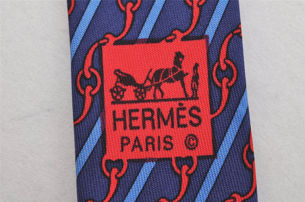 Authentic HERMES Vintage Tie Necktie Chain Pattern Silk 999SA Navy Blue 1400I