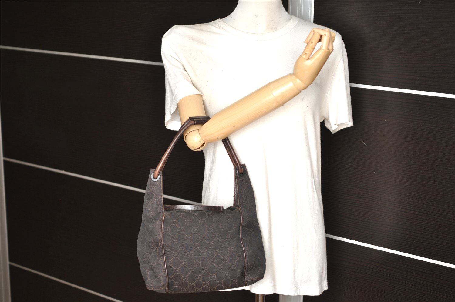 Authentic GUCCI Shoulder Hand Bag Purse GG Canvas Leather 101333 Brown 1400K