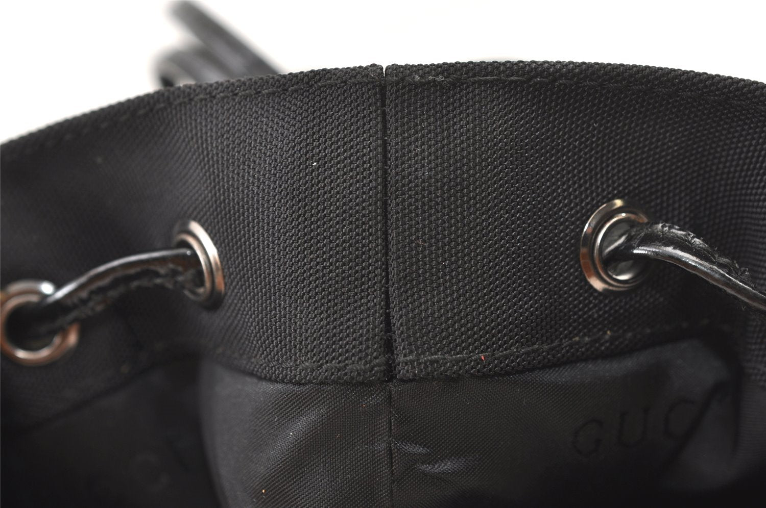 Authentic GUCCI Drawstring Hand Bag Purse Nylon Enamel Black 1401K