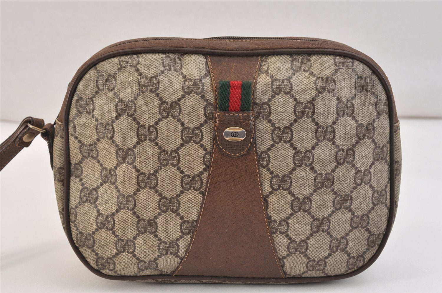 Authentic GUCCI Web Sherry Line Clutch Hand Bag Purse GG PVC Leather Brown 1408L