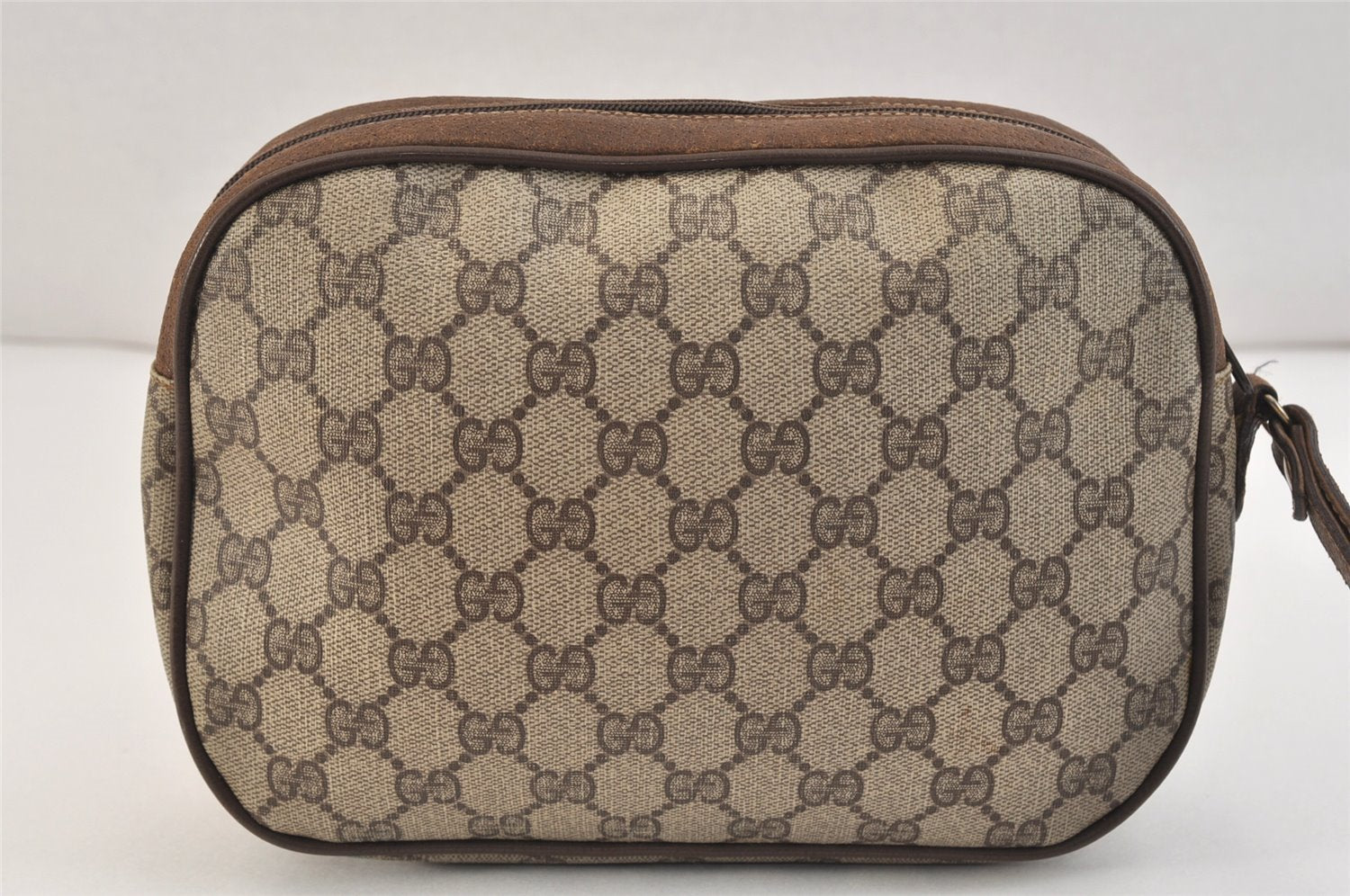 Authentic GUCCI Web Sherry Line Clutch Hand Bag Purse GG PVC Leather Brown 1408L