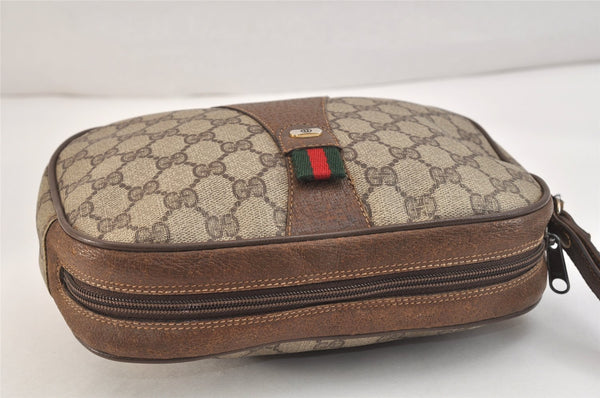 Authentic GUCCI Web Sherry Line Clutch Hand Bag Purse GG PVC Leather Brown 1408L