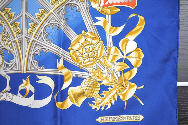 Authentic HERMES Carre 90 Scarf "HONI SOIT QUI MAL Y PENSE" Silk Blue 1415I