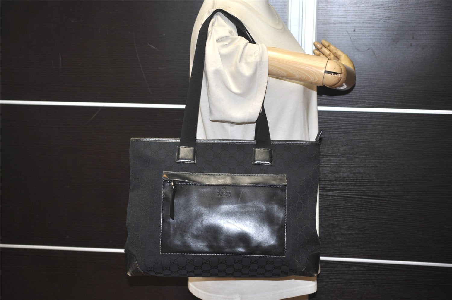 Authentic GUCCI Vintage Shoulder Tote Bag GG Canvas Leather 0190426 Black 1430K