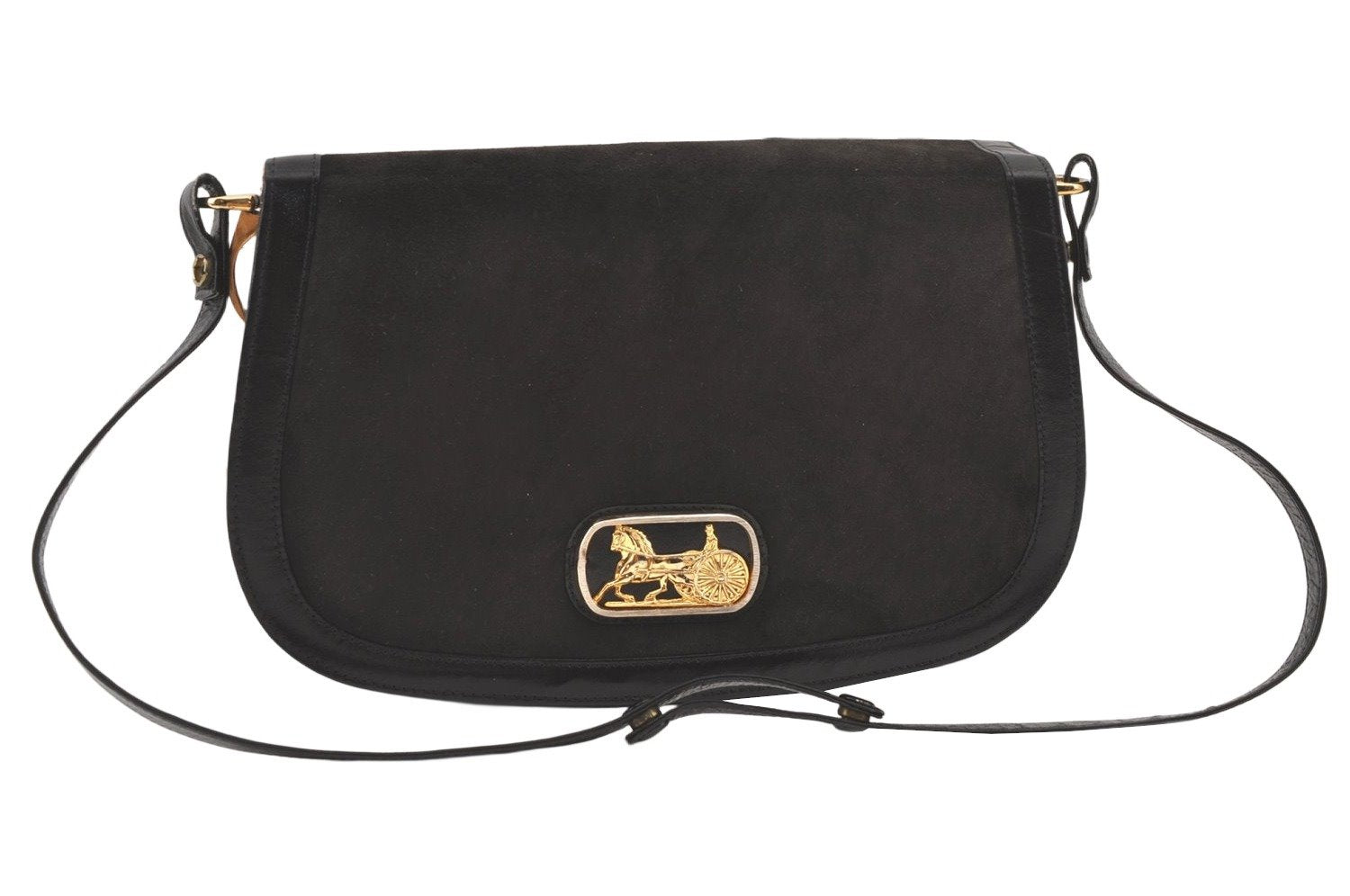 Authentic CELINE Horse Carriage Shoulder Hand Bag Suede Leather Black 1433K