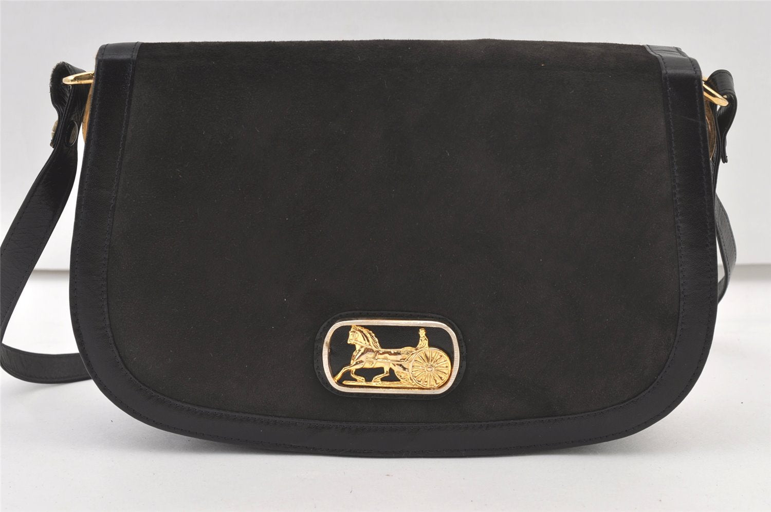 Authentic CELINE Horse Carriage Shoulder Hand Bag Suede Leather Black 1433K