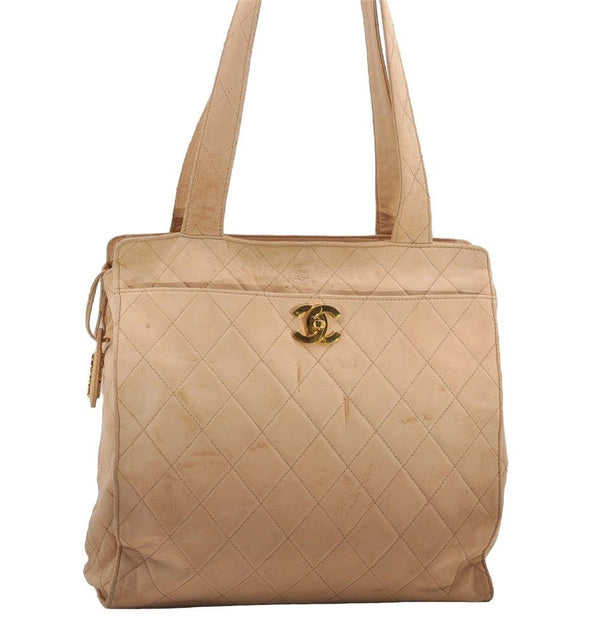 Authentic CHANEL Lamb Skin Turnlock Matelasse Shoulder Tote Bag Beige CC 1436J