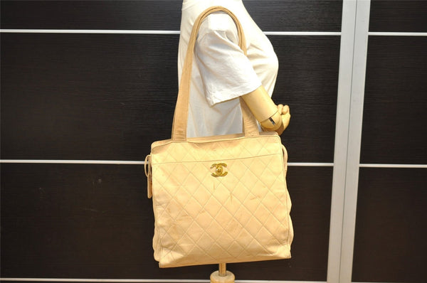 Authentic CHANEL Lamb Skin Turnlock Matelasse Shoulder Tote Bag Beige CC 1436J