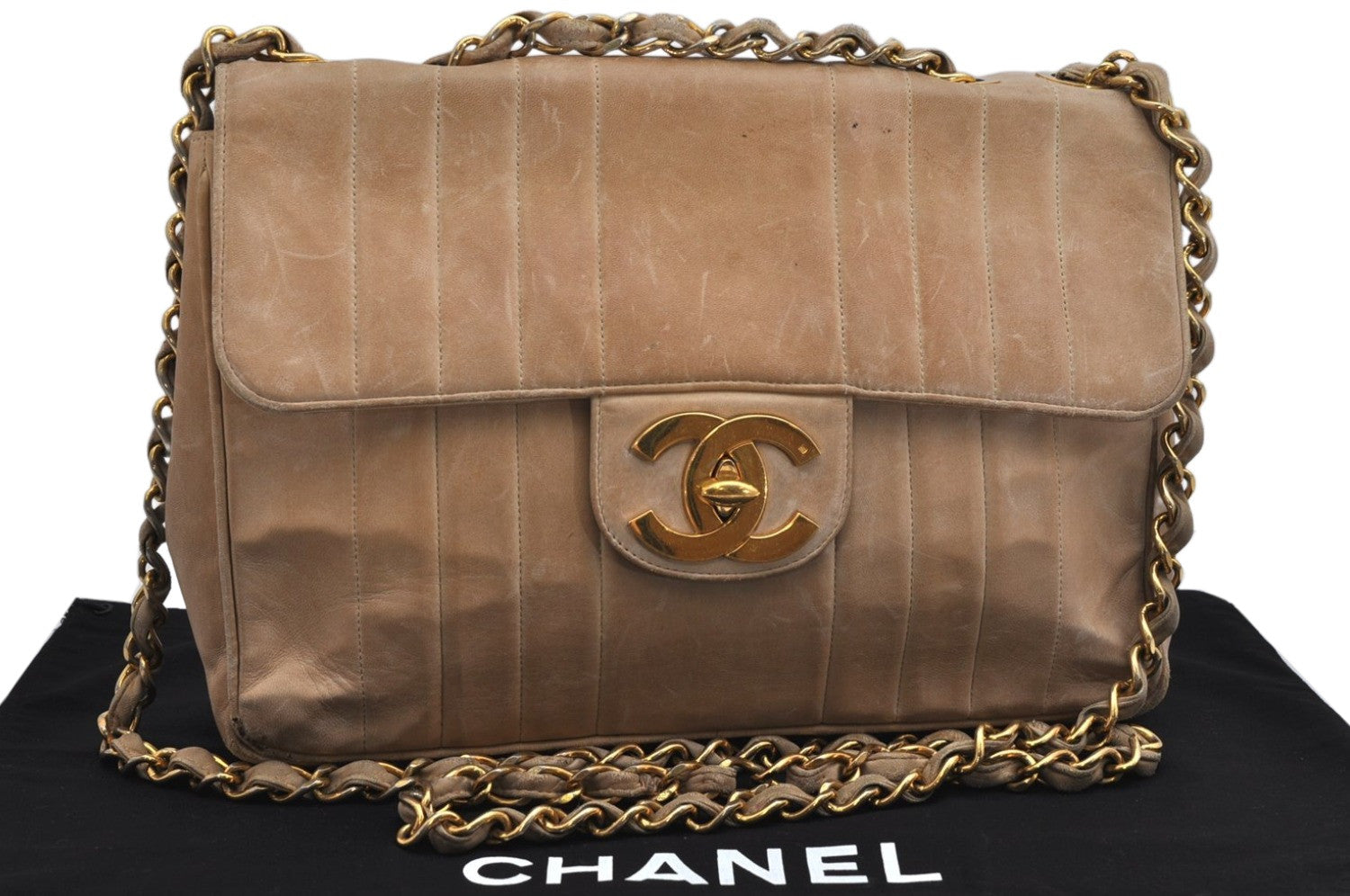 Authentic CHANEL Mademoiselle Calf Skin Turnlock Chain Shoulder Bag Beige 1436K