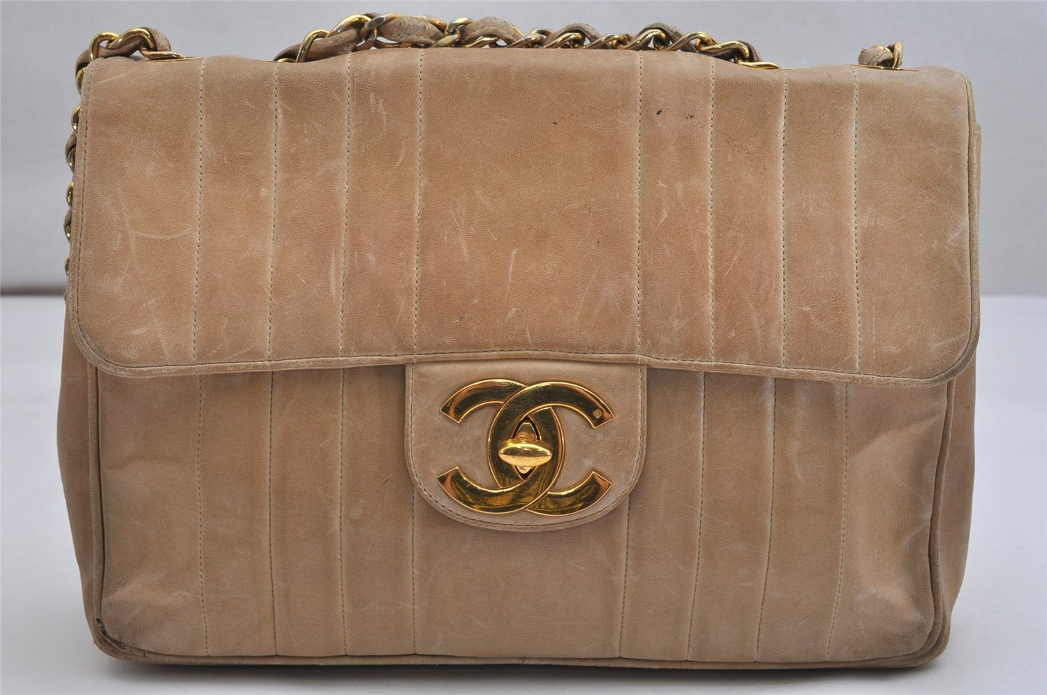 Authentic CHANEL Mademoiselle Calf Skin Turnlock Chain Shoulder Bag Beige 1436K