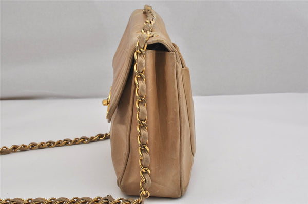 Authentic CHANEL Mademoiselle Calf Skin Turnlock Chain Shoulder Bag Beige 1436K