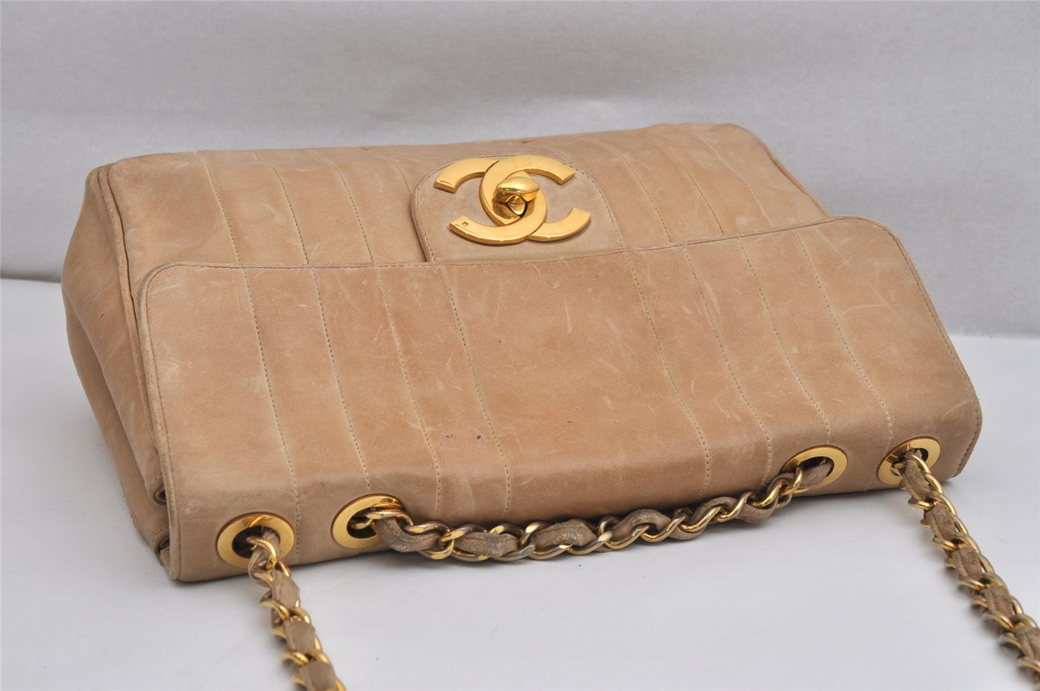 Authentic CHANEL Mademoiselle Calf Skin Turnlock Chain Shoulder Bag Beige 1436K