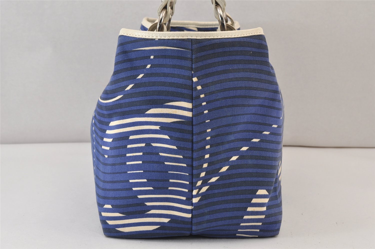 Authentic CHANEL Cruise Line CC Logo Shoulder Tote Bag Canvas Leather Blue 1442K