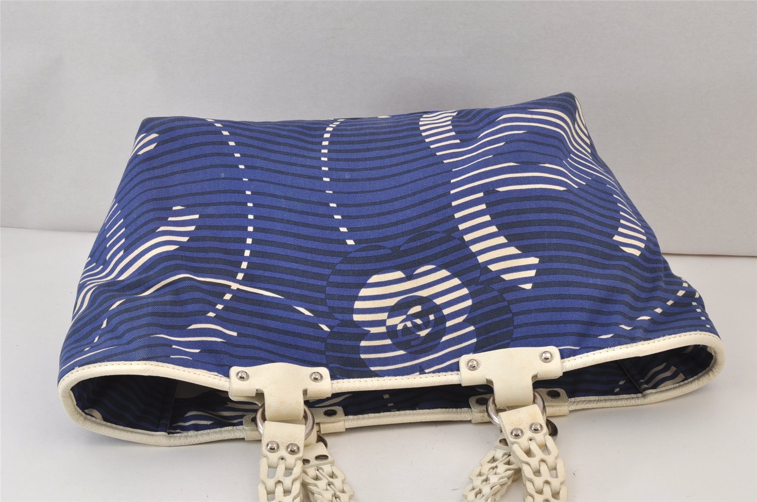 Authentic CHANEL Cruise Line CC Logo Shoulder Tote Bag Canvas Leather Blue 1442K