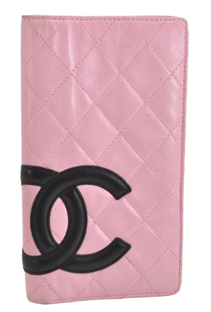 Authentic CHANEL Calf Skin Cambon Line CC Logo Bifold Long Wallet Pink 1444K