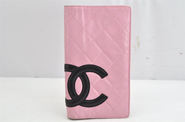 Authentic CHANEL Calf Skin Cambon Line CC Logo Bifold Long Wallet Pink 1444K