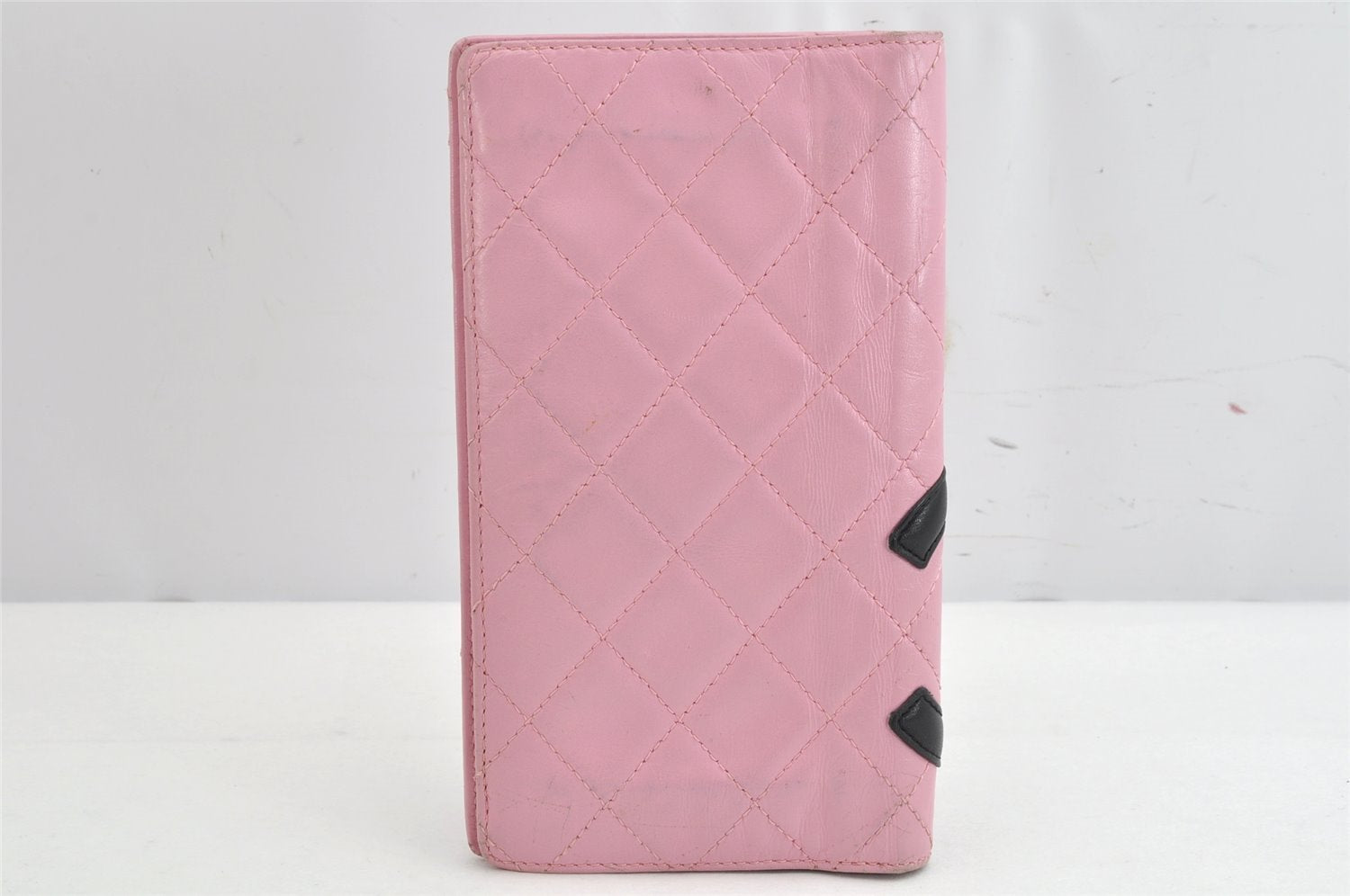 Authentic CHANEL Calf Skin Cambon Line CC Logo Bifold Long Wallet Pink 1444K