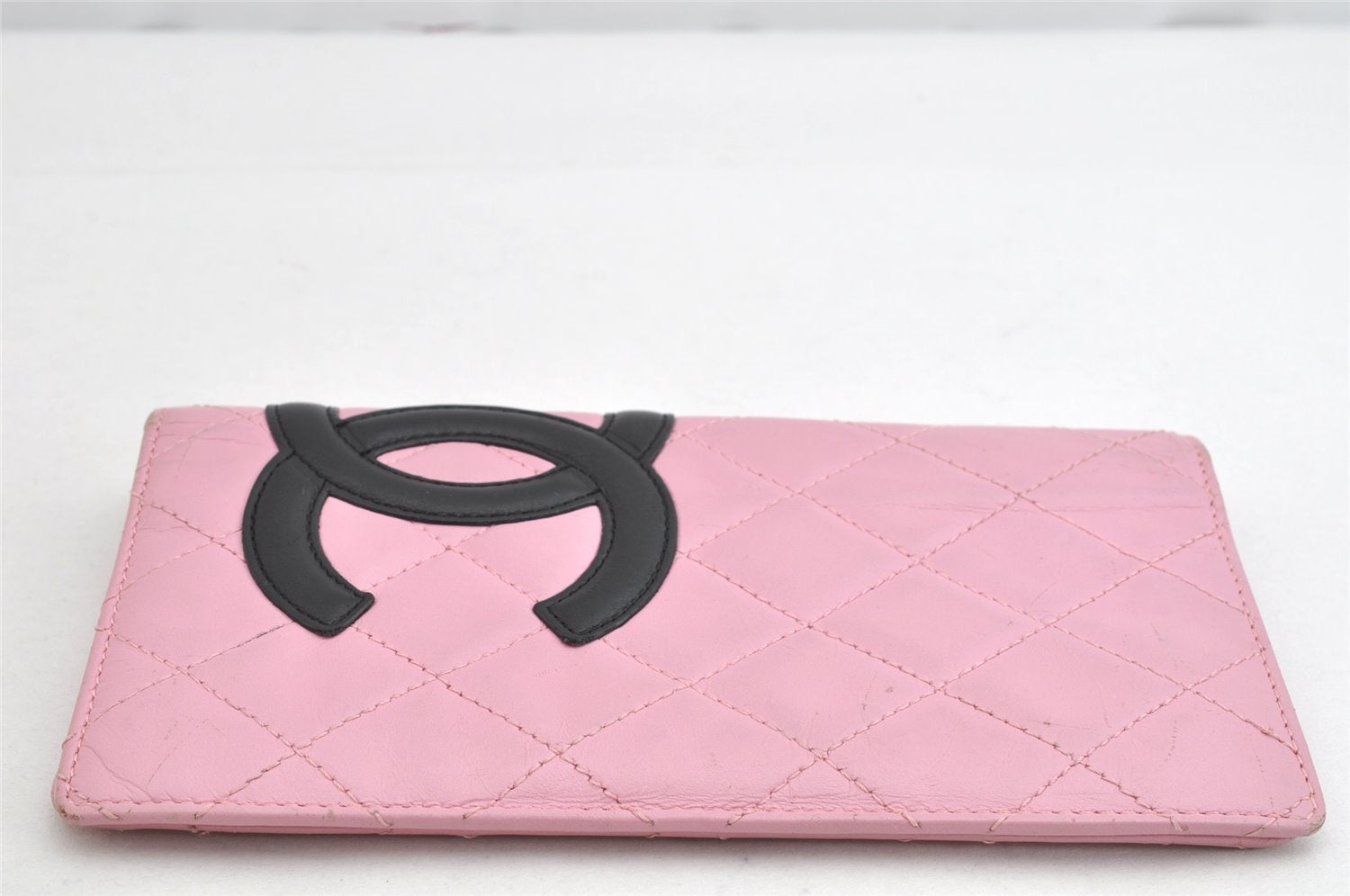 Authentic CHANEL Calf Skin Cambon Line CC Logo Bifold Long Wallet Pink 1444K