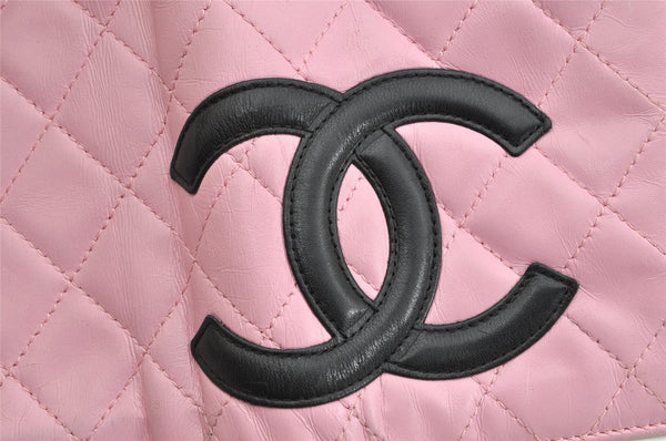 Authentic CHANEL Calf Skin Cambon Line CC Logo Bifold Long Wallet Pink 1444K