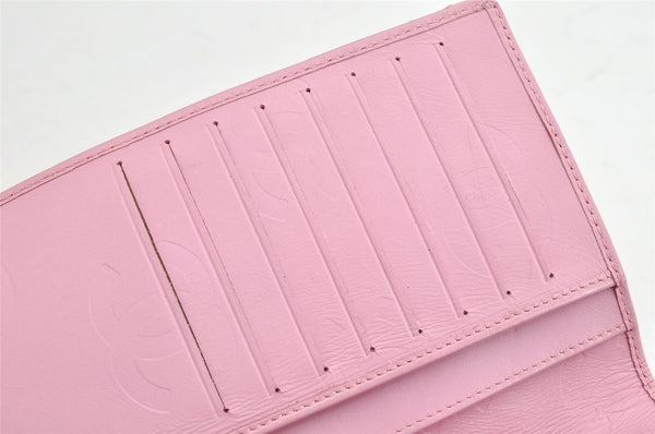 Authentic CHANEL Calf Skin Cambon Line CC Logo Bifold Long Wallet Pink 1444K