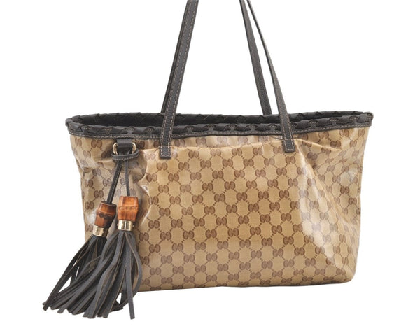 Authentic GUCCI GG Crystal Bamboo Tote Bag GG PVC Leather 354665 Brown 1447K