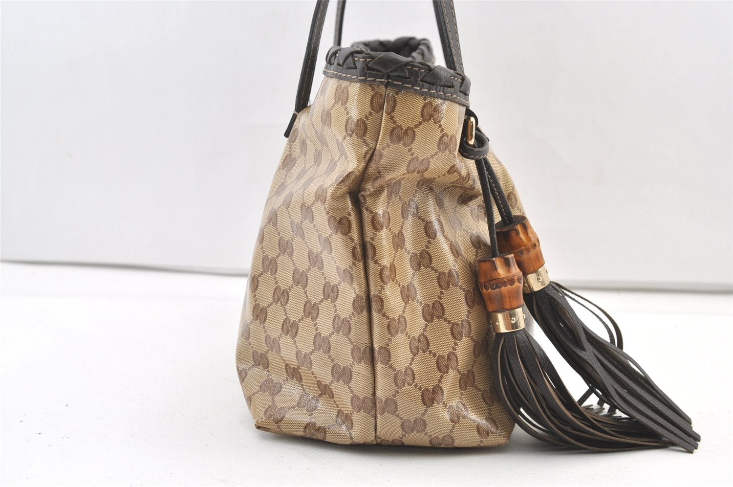 Authentic GUCCI GG Crystal Bamboo Tote Bag GG PVC Leather 354665 Brown 1447K