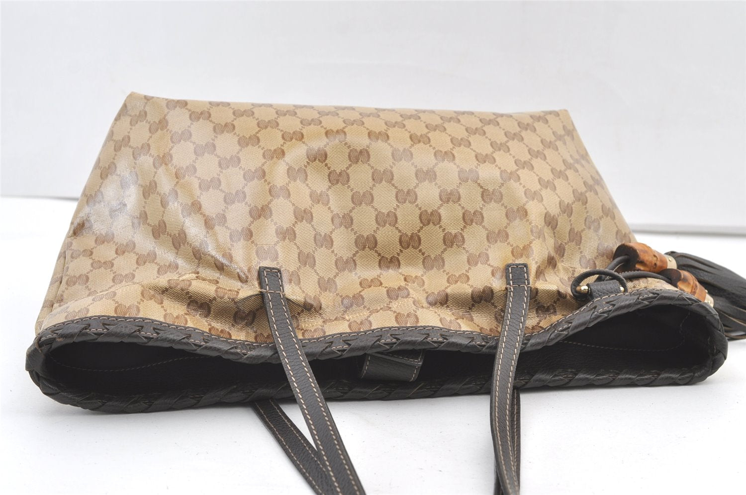 Authentic GUCCI GG Crystal Bamboo Tote Bag GG PVC Leather 354665 Brown 1447K