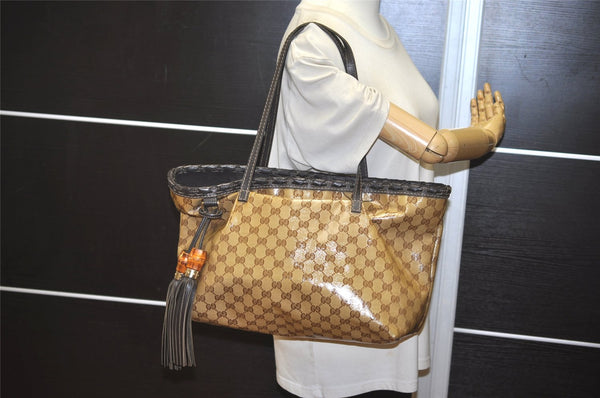 Authentic GUCCI GG Crystal Bamboo Tote Bag GG PVC Leather 354665 Brown 1447K