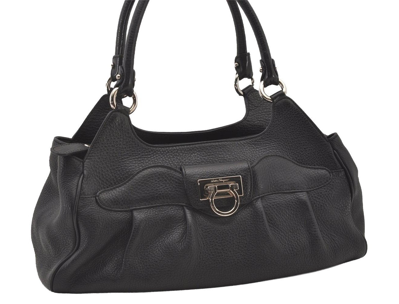 Authentic Salvatore Ferragamo Gancini Leather Shoulder Hand Bag Black 1451J