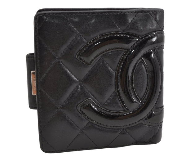 Authentic CHANEL Calf Skin Cambon Line CC Logo Bifold Wallet Purse Black 1453K