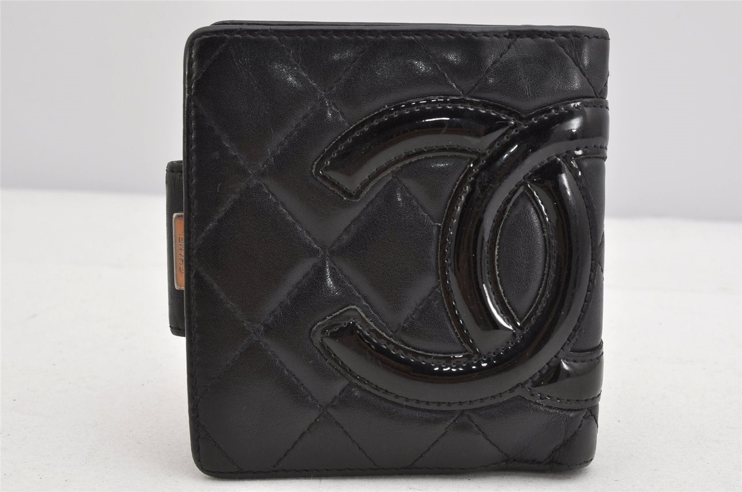 Authentic CHANEL Calf Skin Cambon Line CC Logo Bifold Wallet Purse Black 1453K