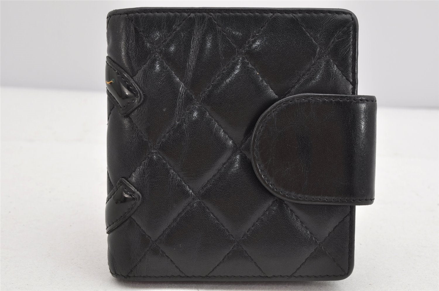 Authentic CHANEL Calf Skin Cambon Line CC Logo Bifold Wallet Purse Black 1453K