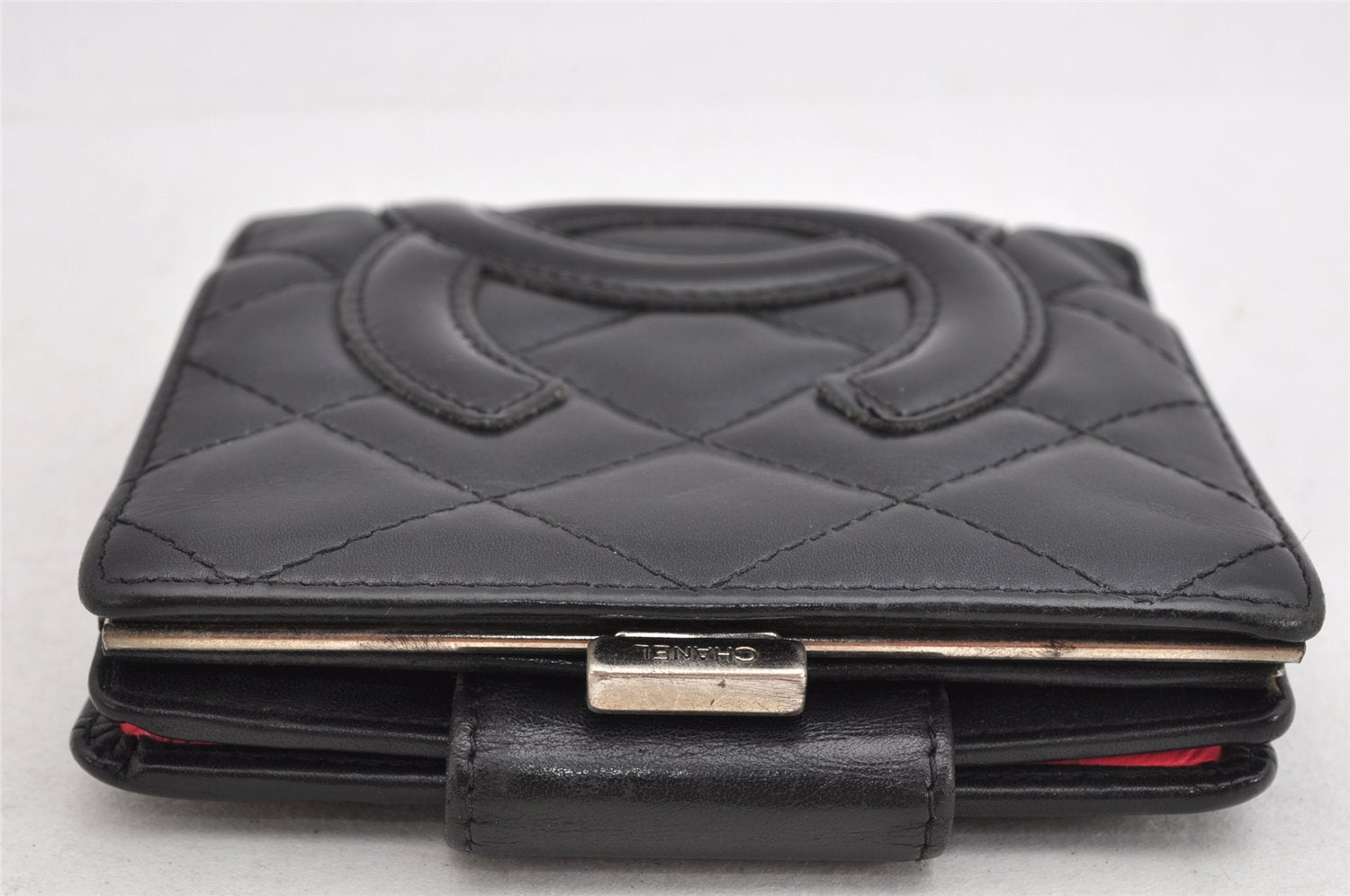 Authentic CHANEL Calf Skin Cambon Line CC Logo Bifold Wallet Purse Black 1453K