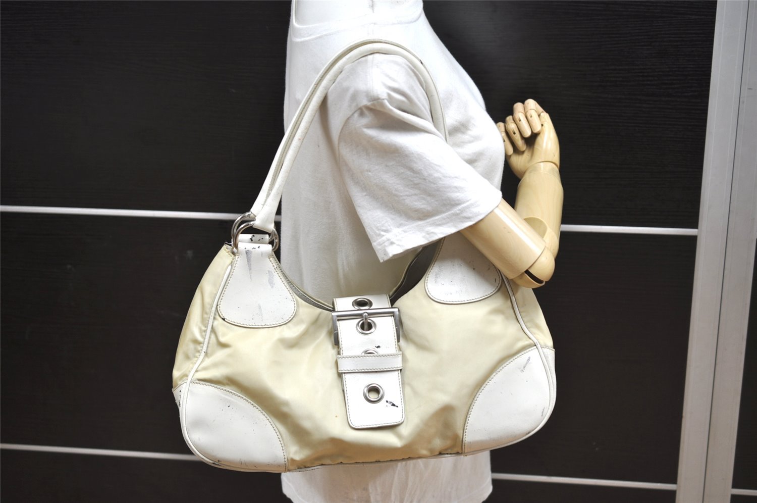 Authentic PRADA Nylon Leather Shoulder Hand Bag BR0810 White Cream 1466K