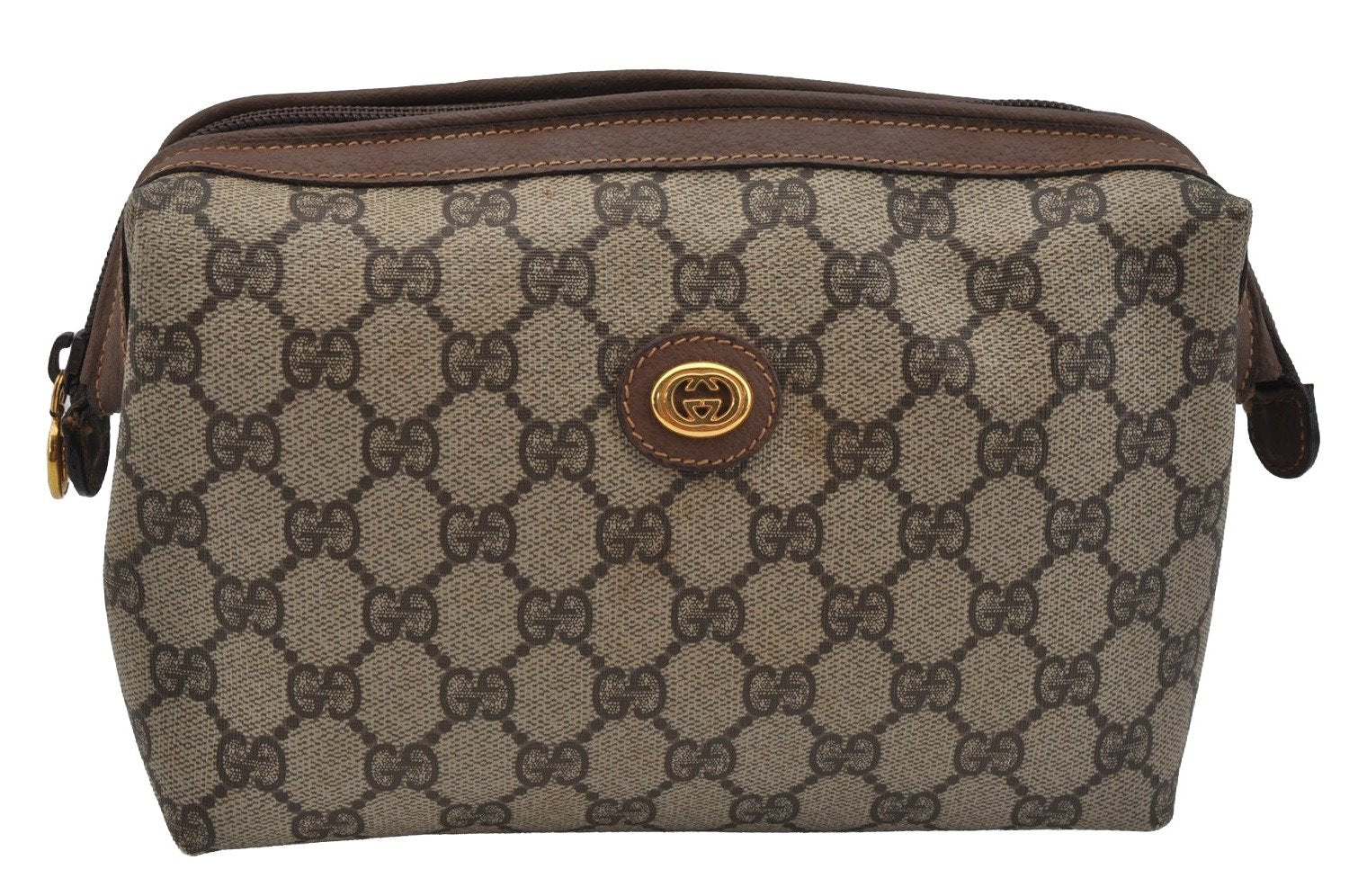 Authentic GUCCI Vintage Clutch Hand Bag Purse GG PVC Leather Brown 1469J