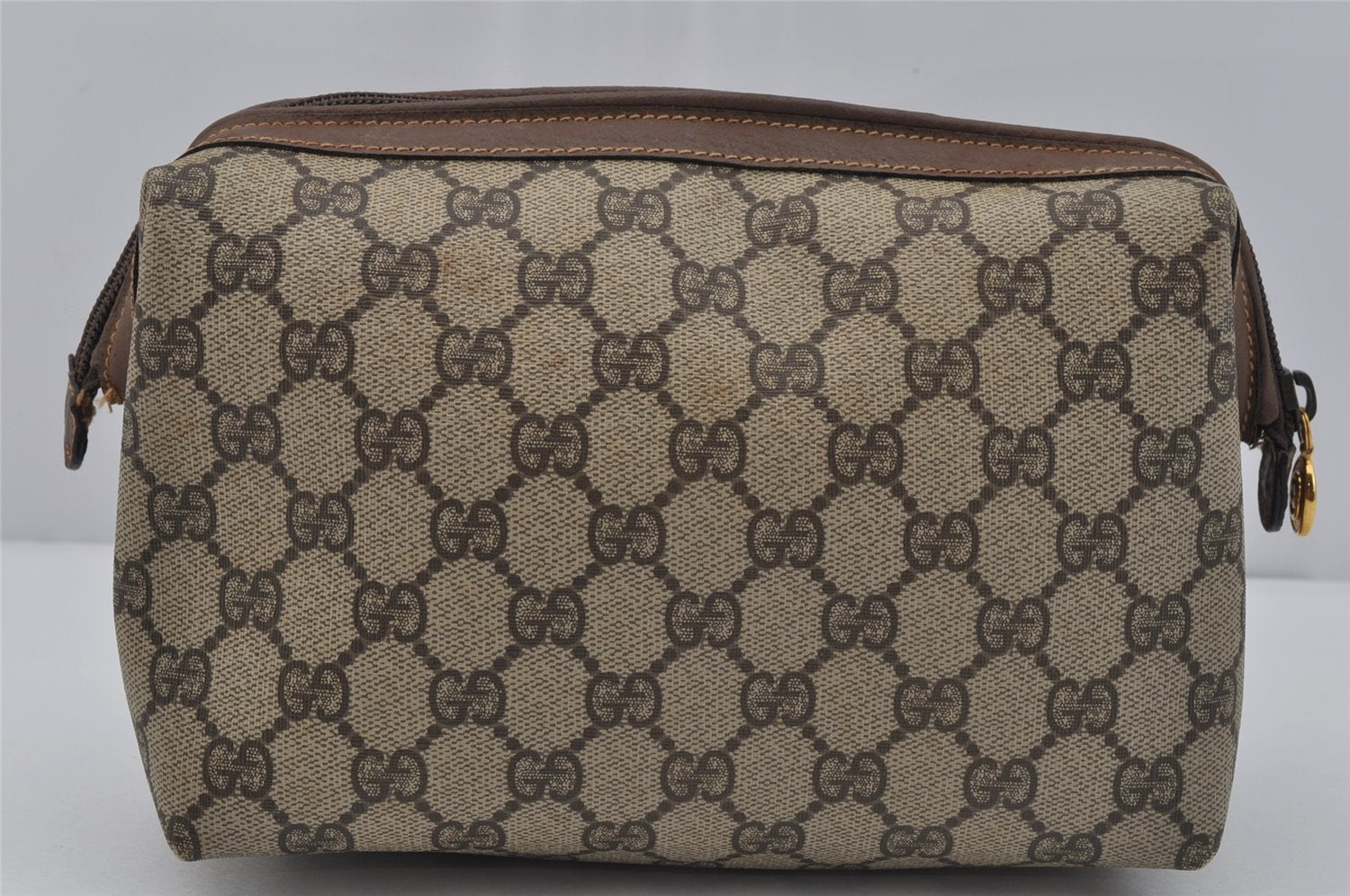 Authentic GUCCI Vintage Clutch Hand Bag Purse GG PVC Leather Brown 1469J