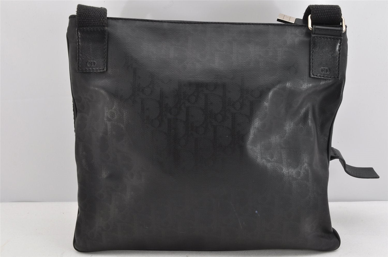 Authentic Christian Dior Trotter Shoulder Cross Body Bag PVC Leather Black 1471K
