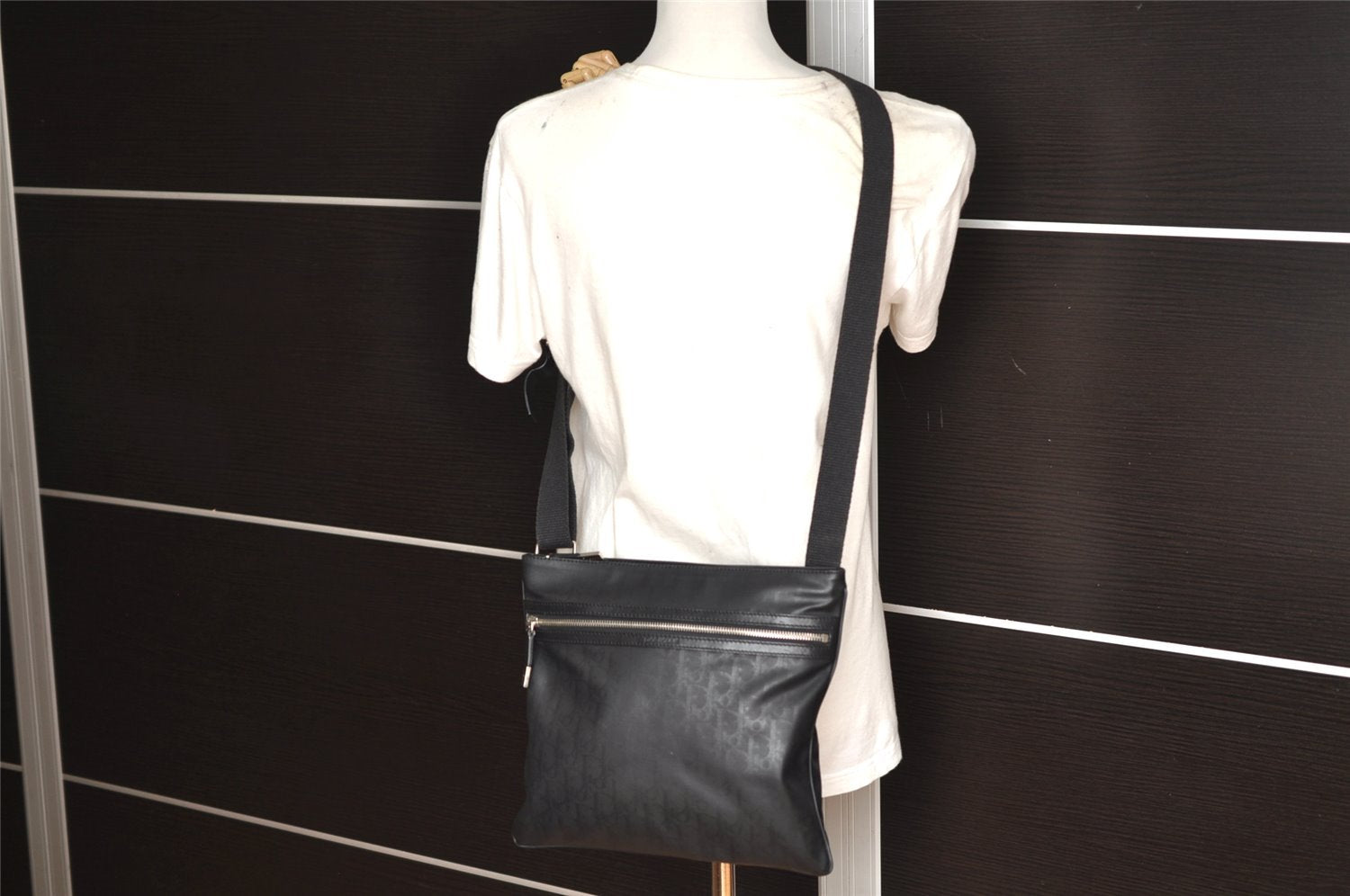 Authentic Christian Dior Trotter Shoulder Cross Body Bag PVC Leather Black 1471K