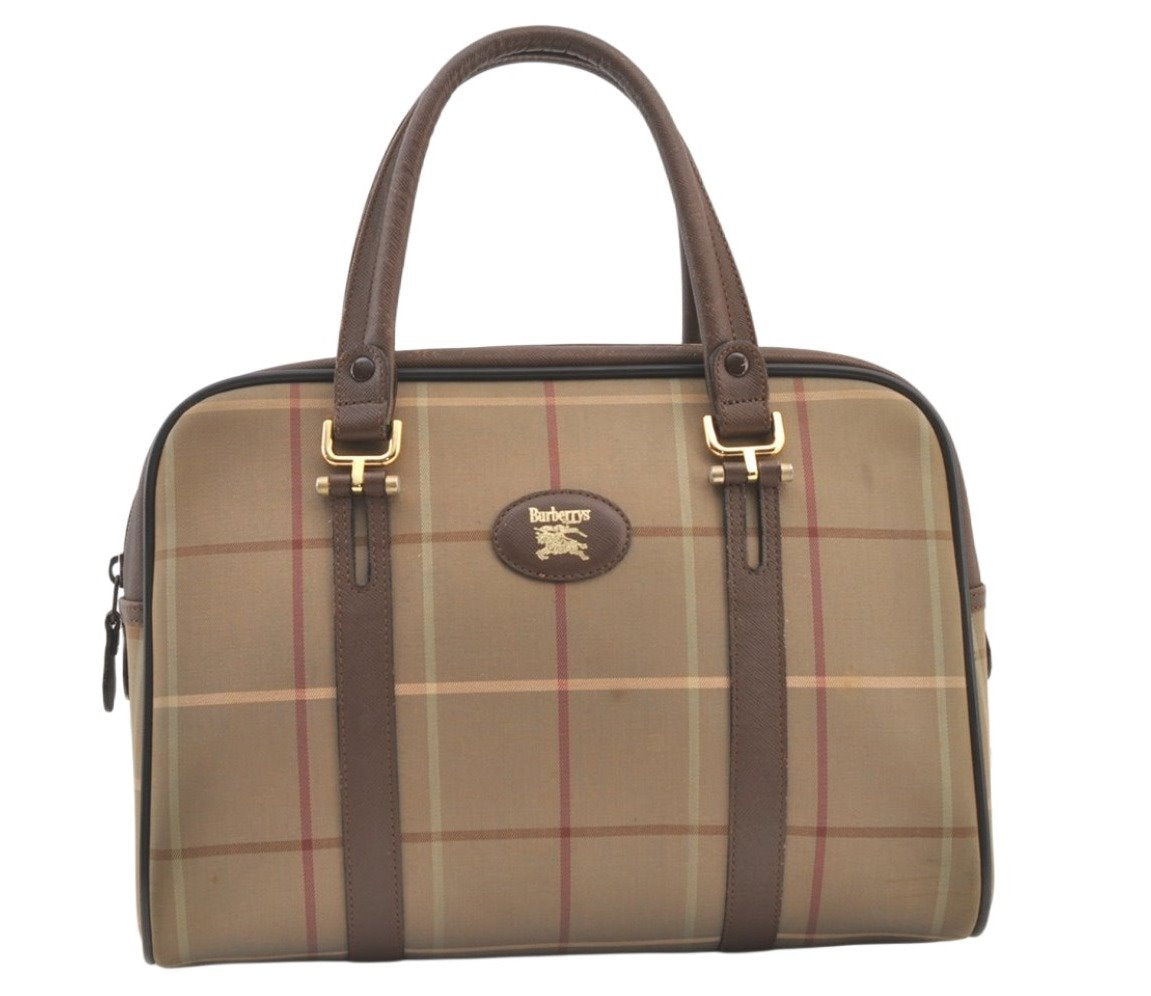 Authentic Burberrys Check Canvas Leather Shoulder Hand Bag Khaki Green 1472K
