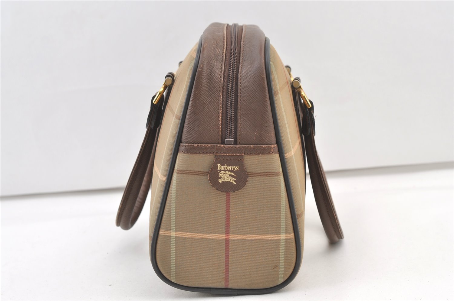 Authentic Burberrys Check Canvas Leather Shoulder Hand Bag Khaki Green 1472K