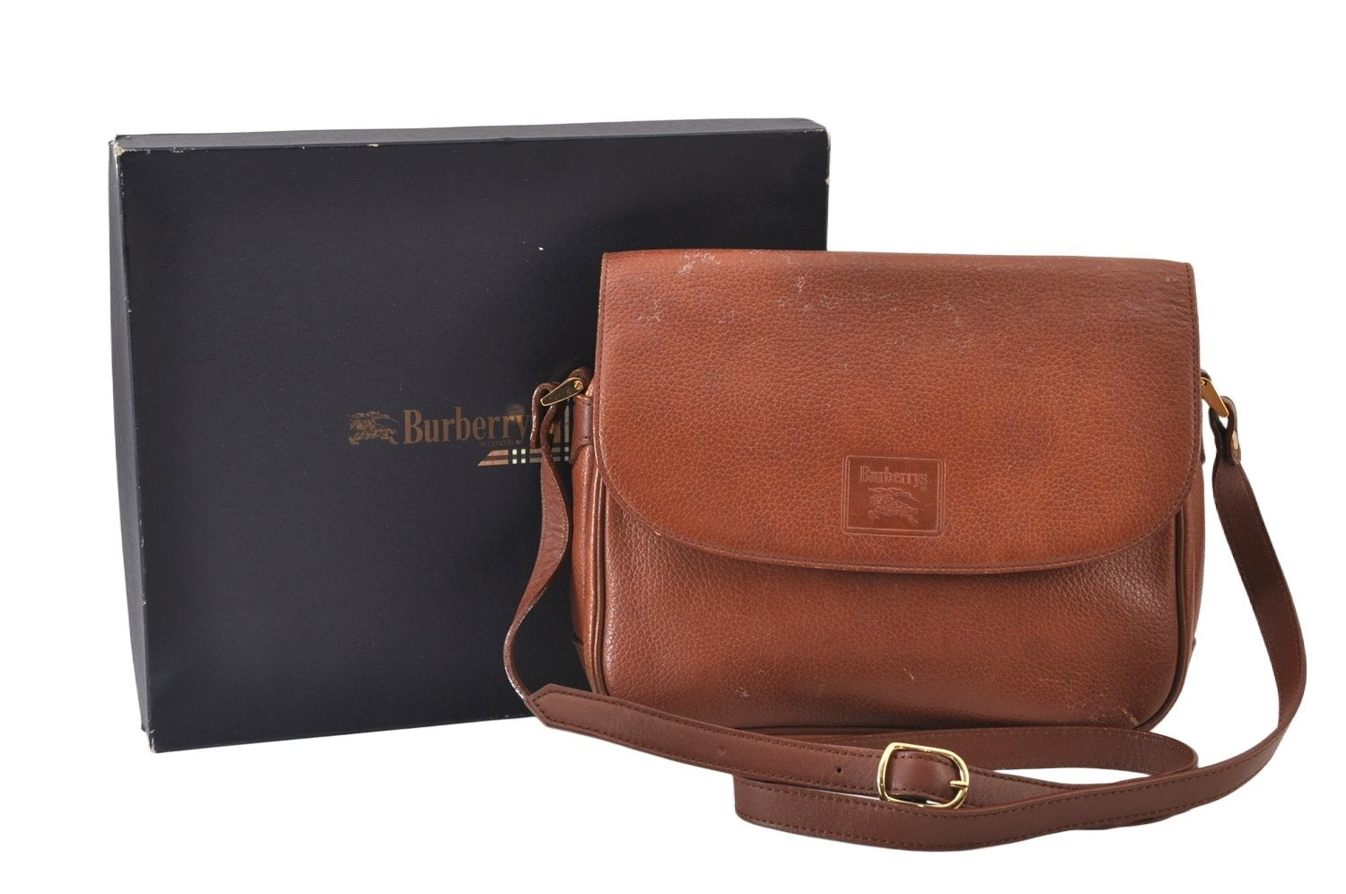 Authentic Burberrys Leather Shoulder Cross Body Bag Purse Brown Box 1473K