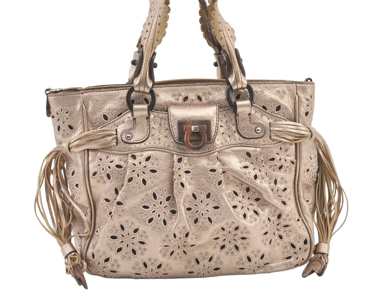 Authentic Salvatore Ferragamo Gancini Leather 2Way Shoulder Hand Bag Gold 1476K
