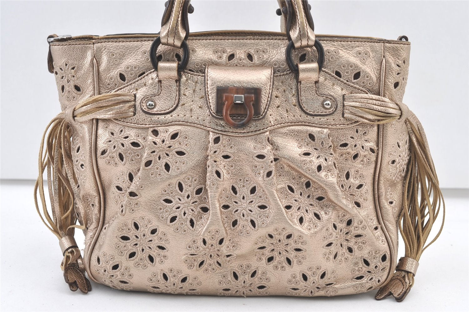 Authentic Salvatore Ferragamo Gancini Leather 2Way Shoulder Hand Bag Gold 1476K