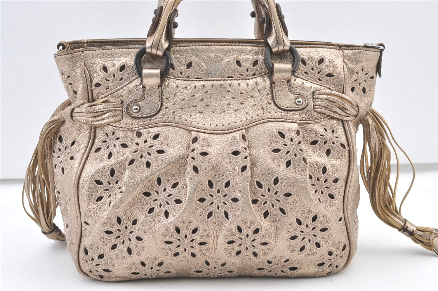 Authentic Salvatore Ferragamo Gancini Leather 2Way Shoulder Hand Bag Gold 1476K