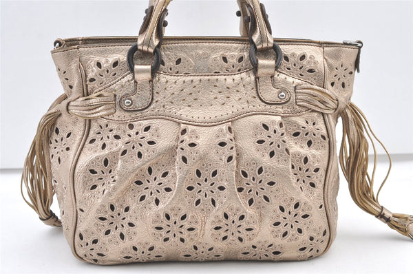 Authentic Salvatore Ferragamo Gancini Leather 2Way Shoulder Hand Bag Gold 1476K