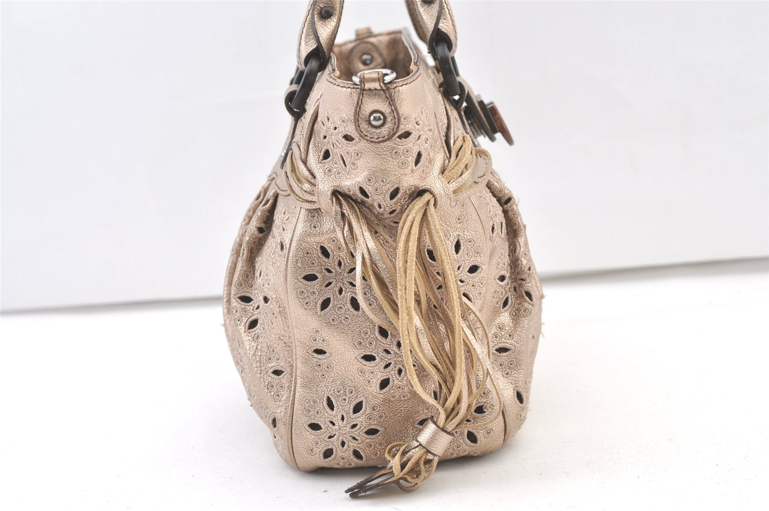 Authentic Salvatore Ferragamo Gancini Leather 2Way Shoulder Hand Bag Gold 1476K
