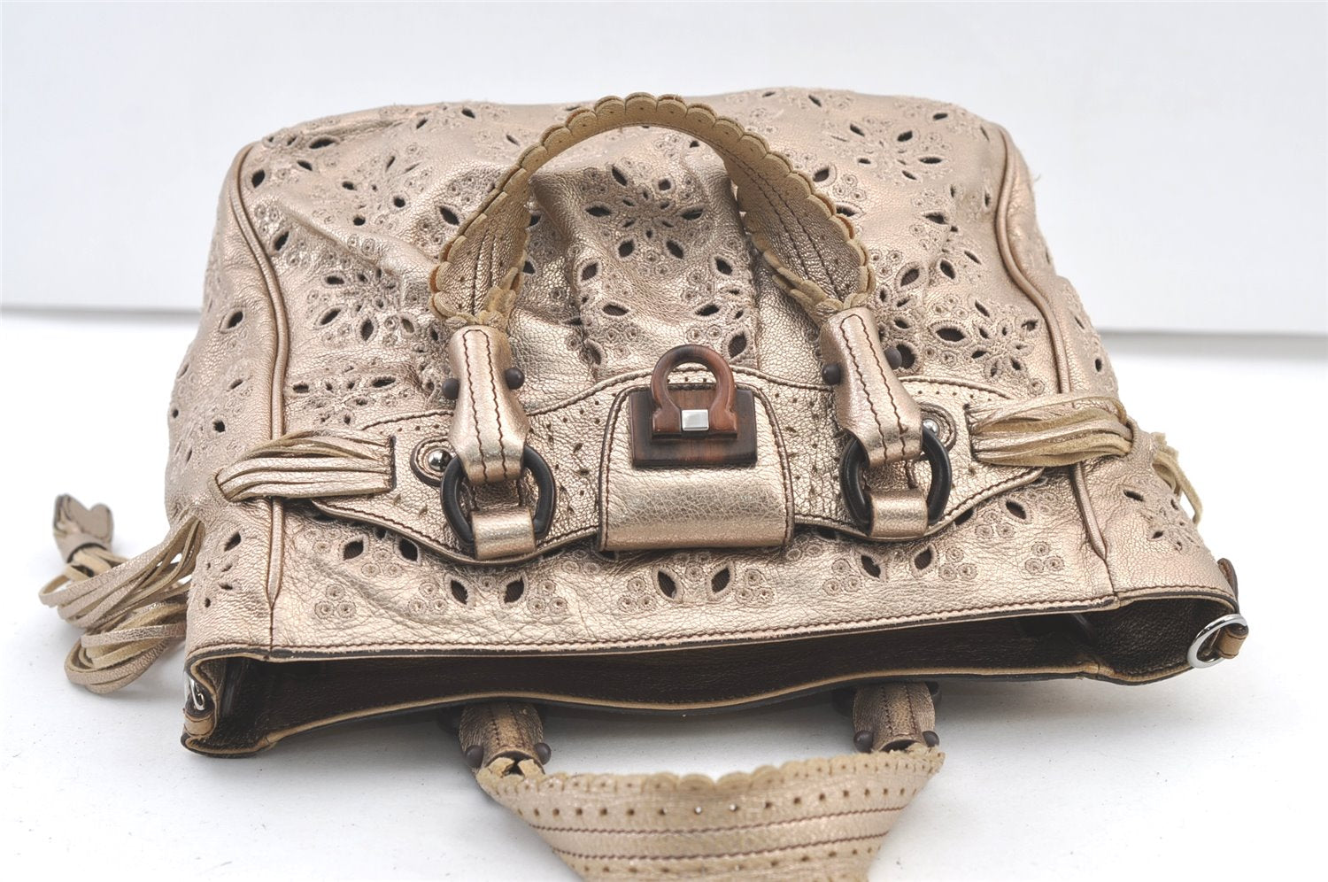 Authentic Salvatore Ferragamo Gancini Leather 2Way Shoulder Hand Bag Gold 1476K