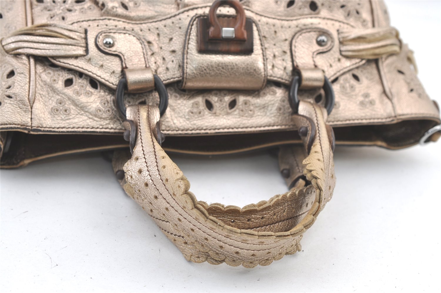 Authentic Salvatore Ferragamo Gancini Leather 2Way Shoulder Hand Bag Gold 1476K