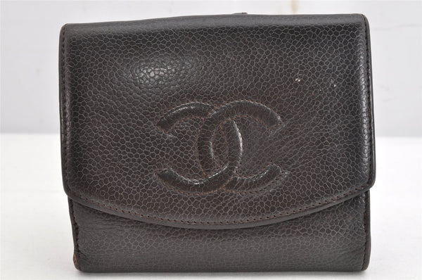 Authentic CHANEL Caviar Skin Vintage CC Logo Bifold Wallet Purse Black 1478K